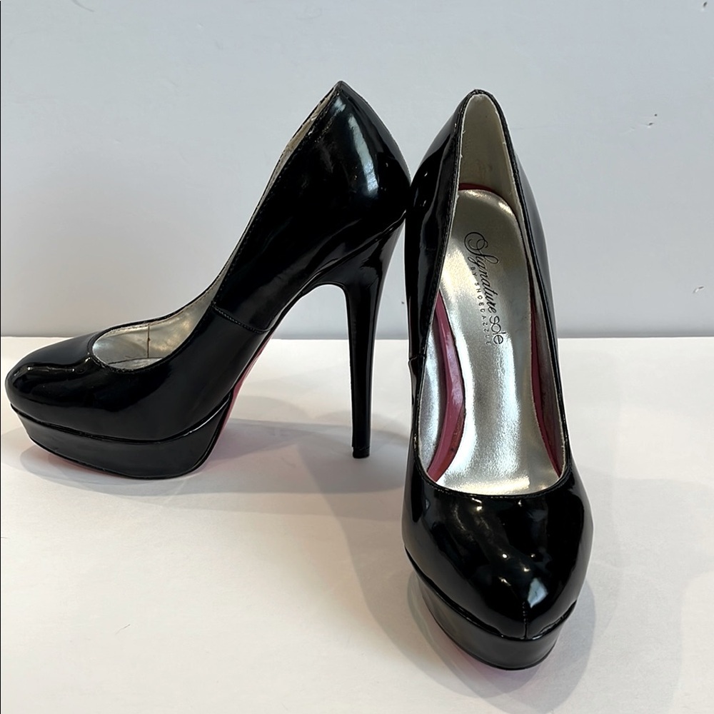 Signature Sole Black Patent Pink Bottom Platform Heels 7.5